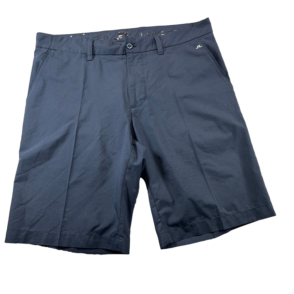 J.Lindeberg Golf Shorts Mens 34 Navy Blue Performance Flat Front Bridge Logo